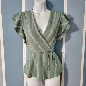 Monteau Sage Green Striped Wrap Blouse
